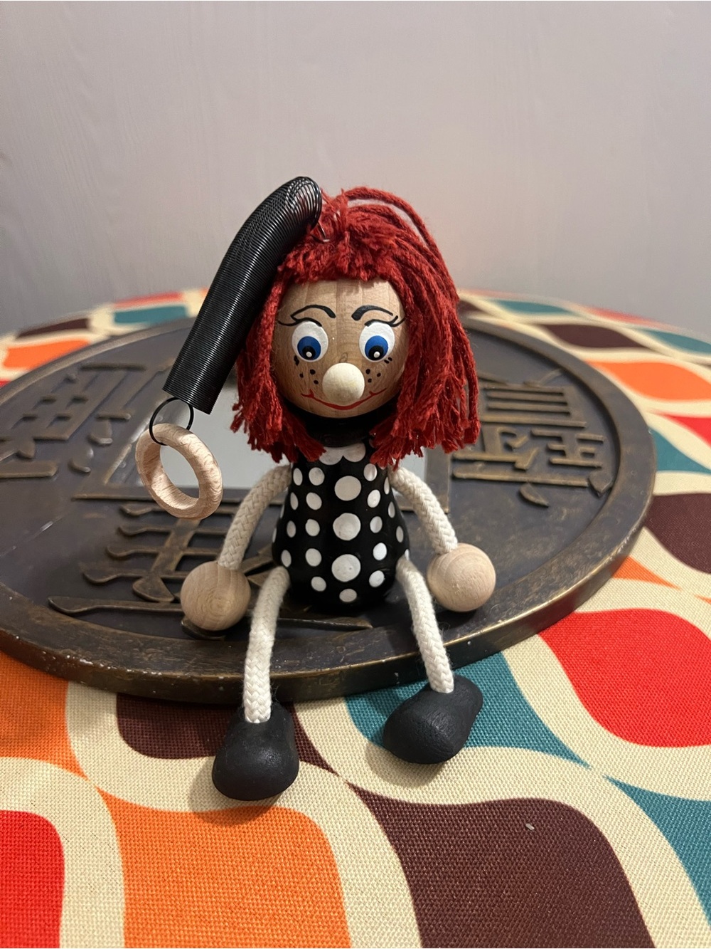 German Wooden Jumper, Handmade Wooden Polka Dot Doll with Red Yarn Hair